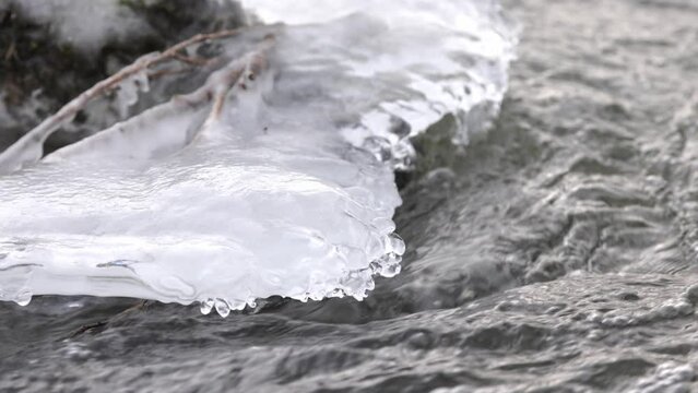 Slow Motion Closeup Water flowing in the frozen Creek, Ice backlit