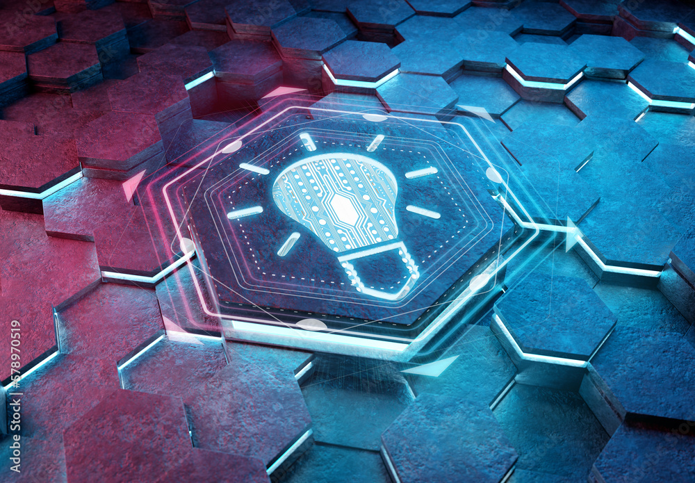 Aufkleber Lightbulb icon creativity concept engraved on metal hexagonal pedestral background. Innovation symbol glowing on abstract digital surface. 3d rendering