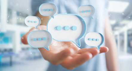 Businessman using digital speech bubbles talk icons. Minimal conversation or social media messages floating over user hand. 3D rendering - obrazy, fototapety, plakaty