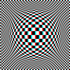 Optical art round bubble of white black and cyan red checkered pattern in anaglyph style. Psychedelic distorted square chess background design.