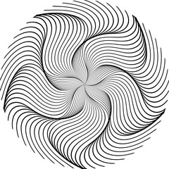 Optical art patterned circle of black wavy lines. Spiral petaled mandala background design.