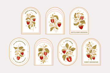 Vintage hand drawn organic strawberry plant and floral sticker label collection with quotes for food products, nature objects, reminders, aesthetic decoration, retro vector illustration elements
