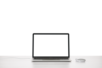 Modern laptop on office table with mouse with blank screen.PNG image