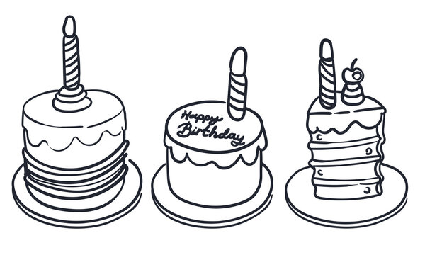 Vector black and white set with birthday cakes, candles and cupcakes. Cute outline meal or candy bar elements. Funny dessert illustration for card, poster, print design. Holiday line icons.