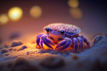 Adorable purple baby crab on a magical sand beach at night. Generative AI. Bokeh background - obrazy, fototapety, plakaty