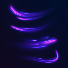 Luminous bright background. High speed effect motion blur night lights blue and red. Magic shining neon light line trails. Purple glowing wave swirl, impulse cable lines. Long time exposure. Vector