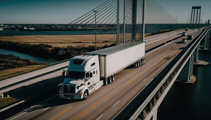 American style truck on freeway pulling load. Transportation theme. Generative AI illustration.	