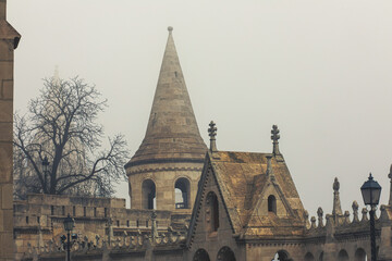 View of Fisherman Bastion in Budapest,Hungary.Foggy weather.