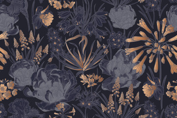 Spring flowers. Dark luxury floral seamless pattern. Vintage. Vector. - 578972712