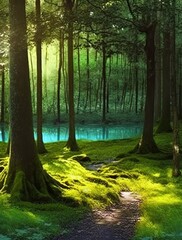 Obraz premium Landscape the sun shines through the trunks of trees in the forest a path among the green grass leading to the lake Generative AI