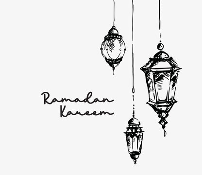 Hand drawn Ramadan Kareem and lantern background,beautiful greeting card design elements