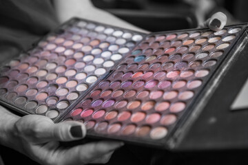 palette of makeup colors. A make-up artist applies make-up to a bride at a wedding
