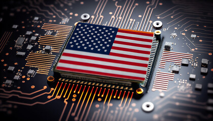 American flag on circuit board with microchips. Generative AI	
 - obrazy, fototapety, plakaty