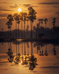 sunrise among palm trees in the central of thailand (Pathum Thani province)