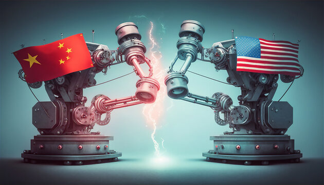 Flag of USA and China on two robot arms fighting depicting the microchip technology battle between the US and China. Generative AI.