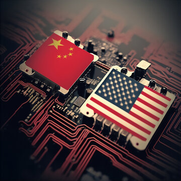Flag of USA and China on a processor, CPU or GPU microchip on a motherboard depicting the technology race between the US and China around semiconductors. Generative AI.
