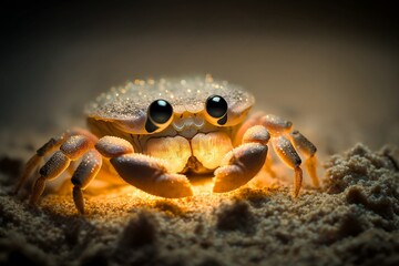 Adorable brown baby crab on a magical sand beach at night. Sharp and detailed. Generative AI - obrazy, fototapety, plakaty