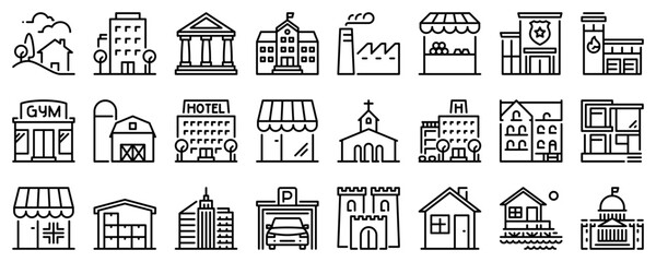 Line icons about buildings on transparent background with editable stroke. - obrazy, fototapety, plakaty