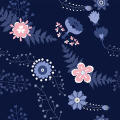 Night flowers are blue and pink color. Night background seamless vector pattern. Floral pattern