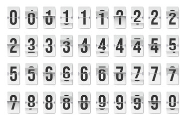 Flip clock number set. Board with numeral dial, old outdated mechanical countdown scoreboard with numeric counter animation. Vector collection