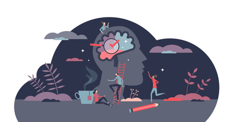 Inner mental intelligence with thinking process teamwork tiny person concept, transparent background. Psychological cognition and memory skills research illustration. - obrazy, fototapety, plakaty
