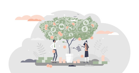 Investment profit income as financial earnings harvest from symbolic money tree tiny person concept, transparent background. Economical wealth and progress.