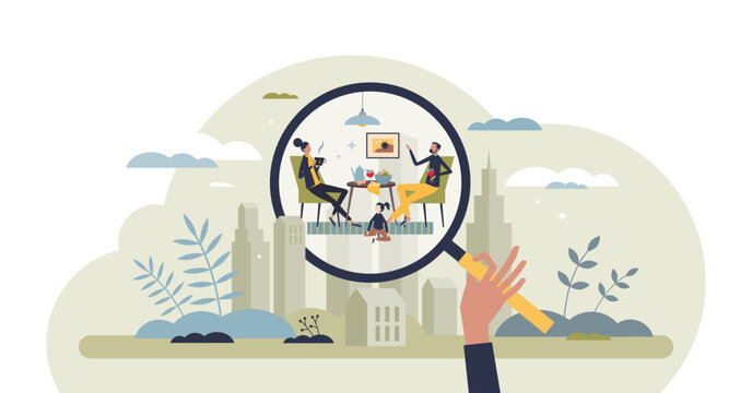 Human environmental science for social interaction study tiny person concept, transparent background. Individuals and families mutual connection.