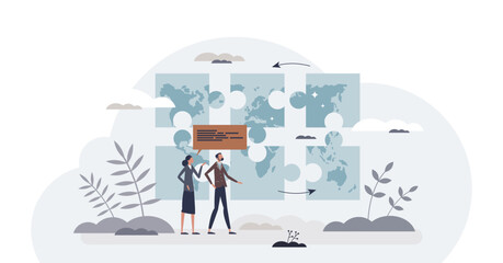 Politics as global diplomatic relationship for countries tiny person concept, transparent background. International migration and citizen movement to other lands illustration.
