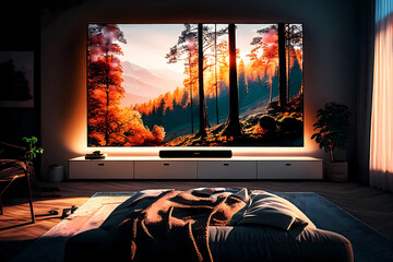 Cozy bed room with tv on the wall. Generative ai design.