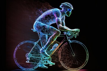 A futuristic young male road cyclist hologram playing with a soccer ball. Generative ai	
 - obrazy, fototapety, plakaty