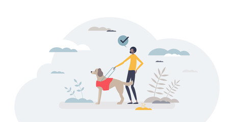 Service dog and animal assistance for disabled owners tiny person concept, transparent background. Blind person guidance by professional trained pet illustration. Labrador retriever special support.
