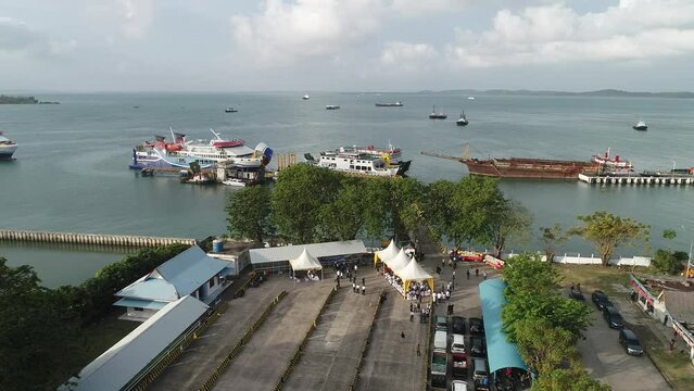 Bintan, Riau Island, Indonesia - Feb 22, 2023: Aerial of Tanjunguban port or harbour with KMP Bahtera Nusantara 03