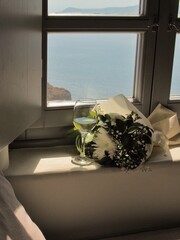 wedding bouquet in the window
