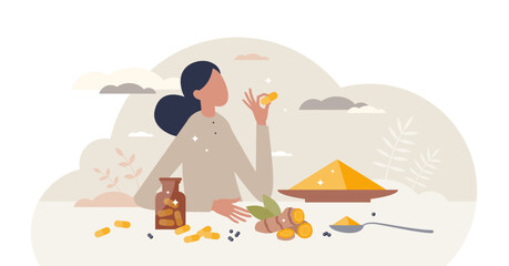 Curcumin supplements and tumeric herb powder or pills tiny person concept, transparent background.Cumin herbal drugs from yellow natural root plant illustration.