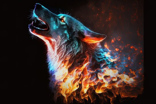A wolf howling on fire of different colors. Generative ai.	
