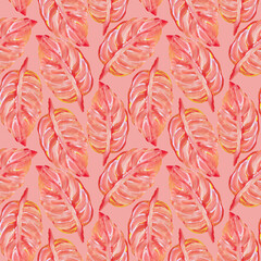 Seamless pattern with a delicate pink ornament of leaves painted with gouache.
