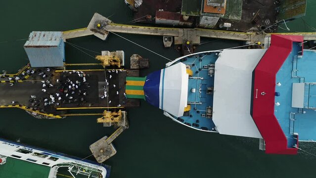 Bintan, Riau Island, Indonesia - Feb 22, 2023: Aerial of Tanjunguban port or harbour with KMP Bahtera Nusantara 03