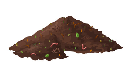 Organic soil heap for compost, garden recycling natural garbage. Earth worms and biodegradable trash. Vector illustration