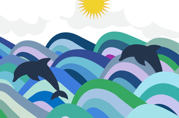 Ocean with dolphins landscape illustration vector. Colorful ocean art background 