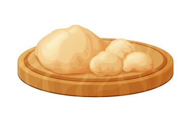 Fresh raw dough for bakind. Homemade tasty bread. Cartoon of wooden kitchen rolling pin. Vector illustration for menu, cafe, restaurant
