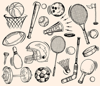 Balls seamless pattern. hand drawn doodle.sports equipment, game, football, basketball, volleyball, baseball, bowling, tennis, rugby.