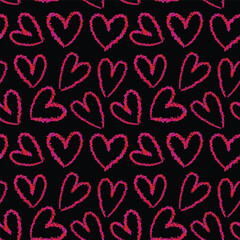Textured hearts vector seamless pattern on black