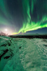 Imagen nocturna de un paisaje nevado con una aurora boreal en el cielo y un camino lleno de nieve en Islandia - obrazy, fototapety, plakaty