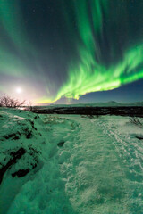 Fototapeta na wymiar imagen de una aurora boreal sobre el cielo nocturno de Islandia con la luna iluminando el paisaje nevado 