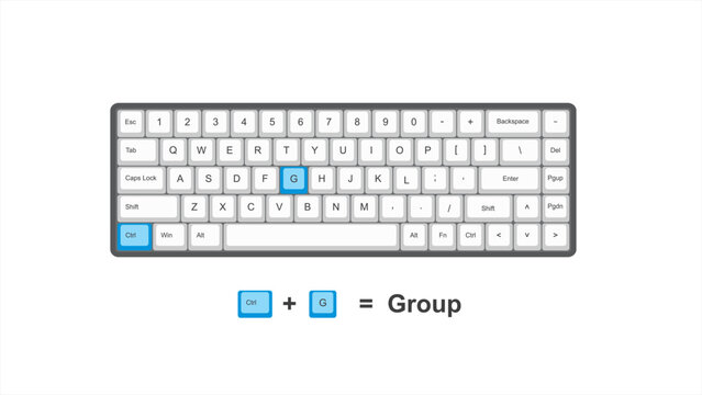 vector control ctrl + G = Group - keyboard shortcuts - windows with keyboard white and blue illustration and transparent background isolated Hotkeys