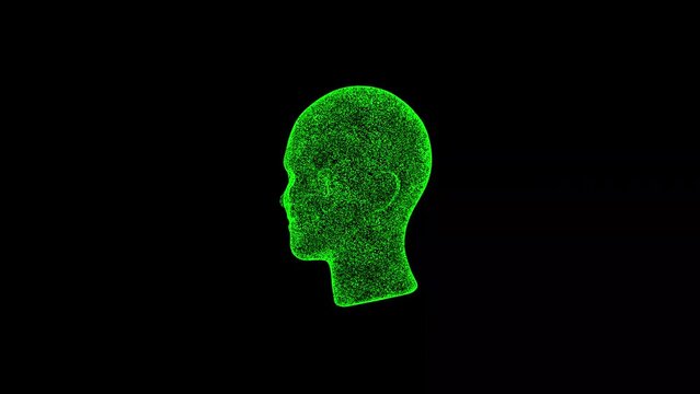 3D Human head rotates on black bg. Object dissolved green flickering particles 60 FPS. Business advertising backdrop. Science concept. For title, text, presentation. 3D animation