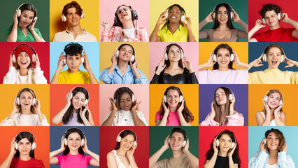 Fototapeta na wymiar Music vibes. Collage of ethnically diverse people, men and women expressing different emotions and listening to music over multicolored background.