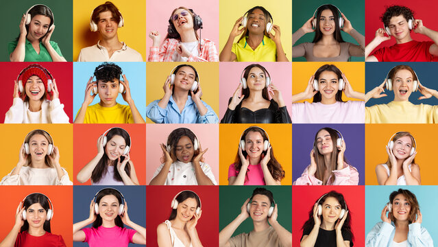 Music vibes. Collage of ethnically diverse people, men and women expressing different emotions and listening to music over multicolored background.