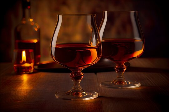 Scenic image of two glasses of cognac. AI Generative Art.