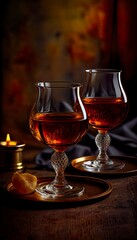Obraz na płótnie Canvas Scenic image of two glasses of cognac. AI Generative Art.